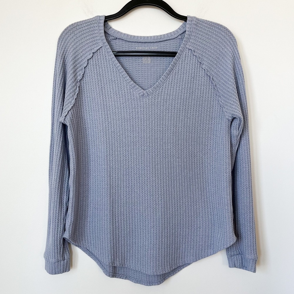 American Eagle Soft & Sexy Waffle Knit Long Sleeve V Neck Top Blue Womens Small